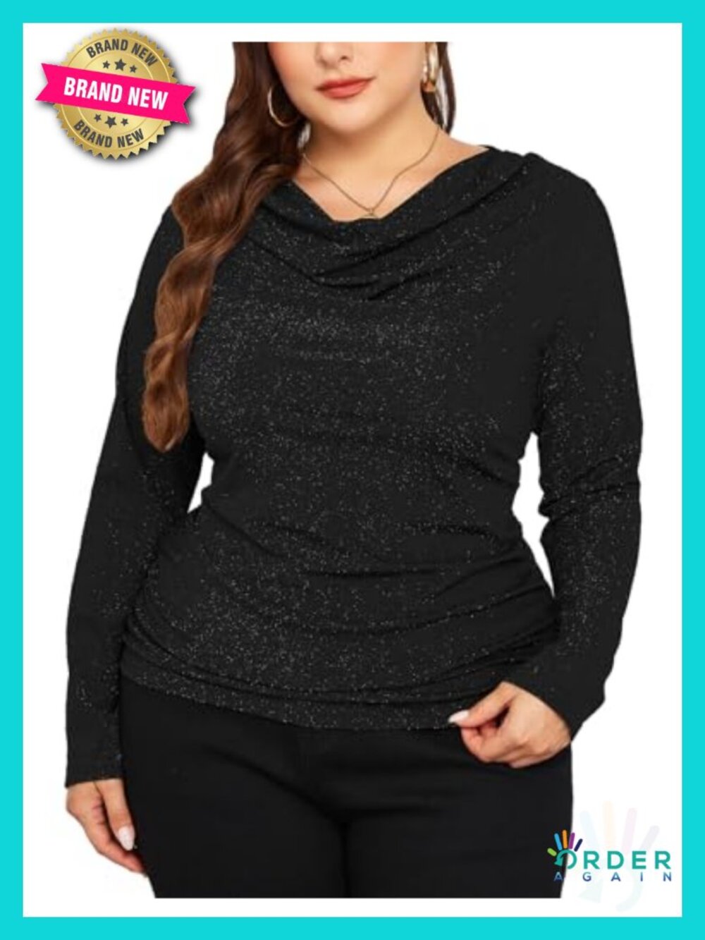 Plus Size Sparkly Cowl Neck Top Long Sleeve Glitter Shirred Tunic Blouse